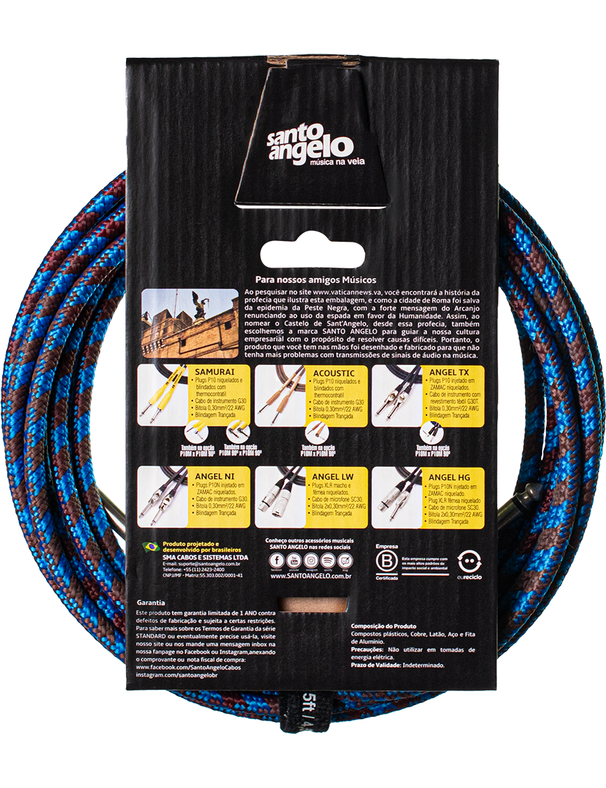 Santo Angelo® ANGEL Textil 4.57mt Cable Instrumento Plug ¼" Recto a Plug ¼" Recto OFHC