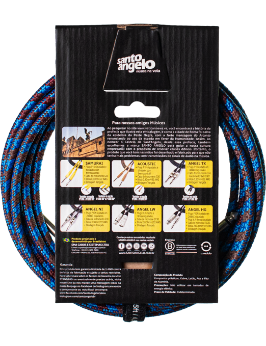 Santo Angelo® ANGEL Textil 4.57mt Cable Instrumento Plug ¼" Recto a Plug ¼" L 90° OFHC