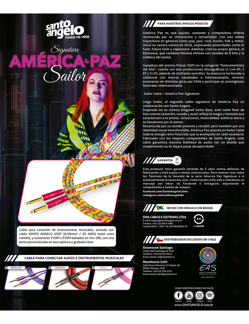 Santo Angelo® Signature América Paz Sailor Cable Bajo Plug Recto OFHC Largo: 4.57 mt