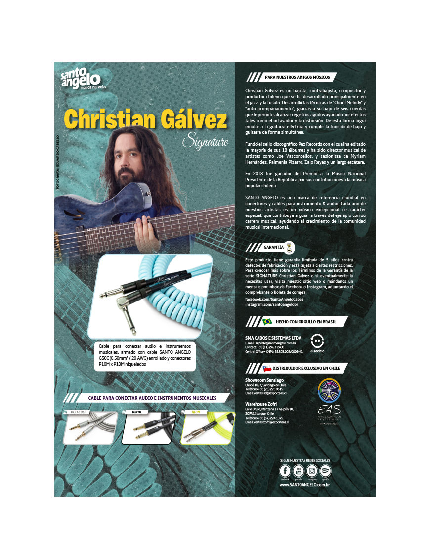 Santo Angelo® Signature Christian Gálvez Blue Note Cable Bajo Plug ¼" Angulado OFHC 9.15mt