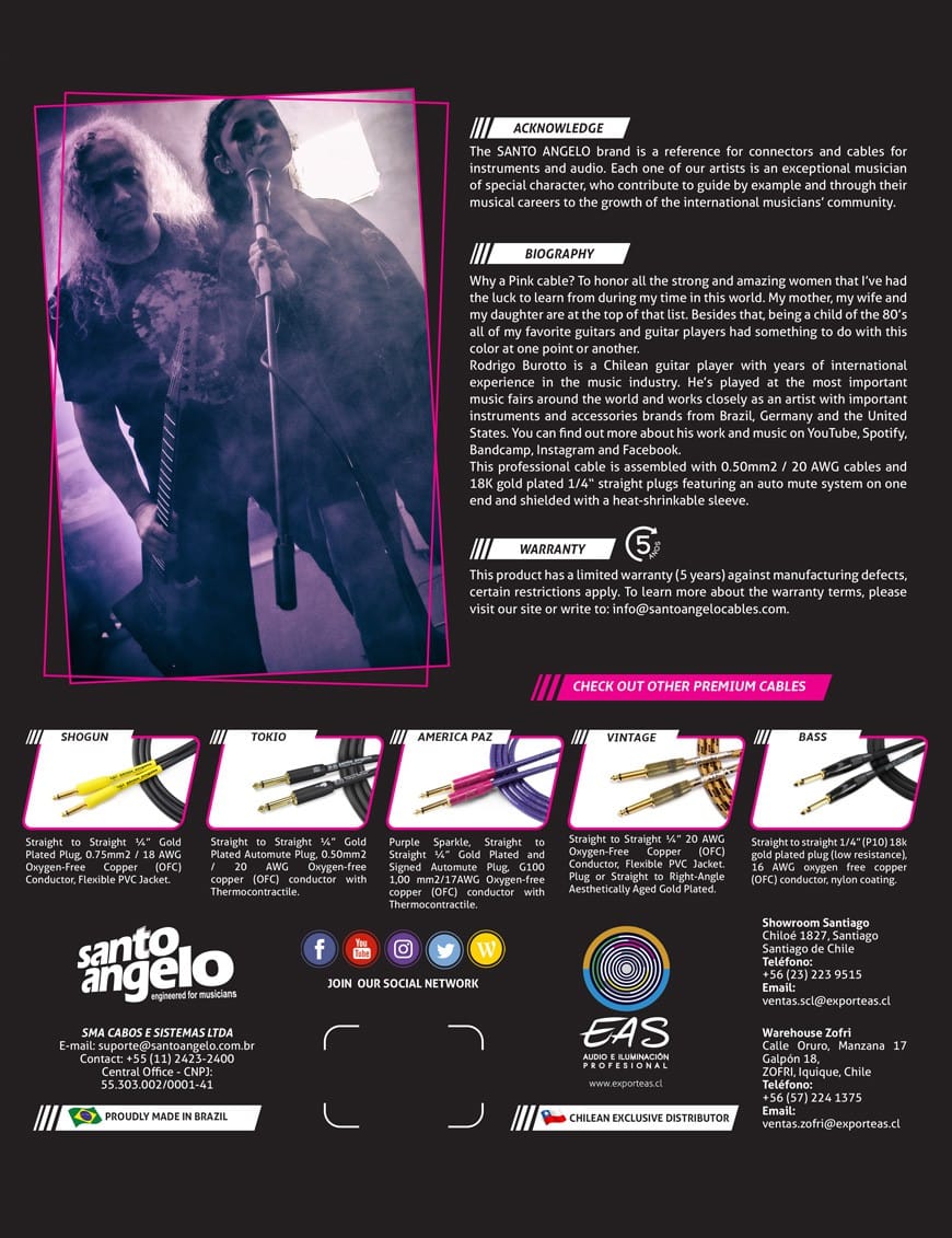 Santo Angelo® Signature Rodrigo Burotto Cable Guitarra Plug Recto Ofhc Largo: 6.10 Mt