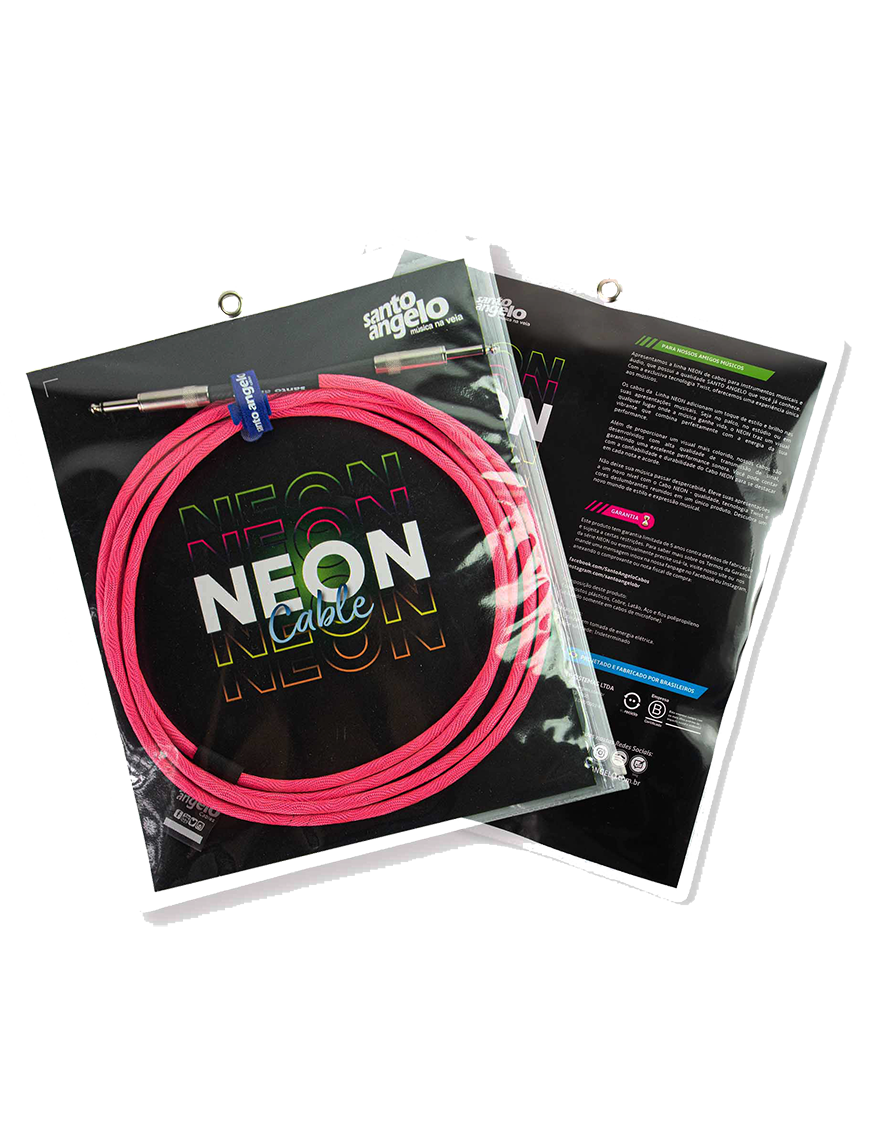 Santo Angelo® NEON Pink 6.10mt Cable Instrumentos Plug ¼" Recto a Plug ¼" 90° OFHC