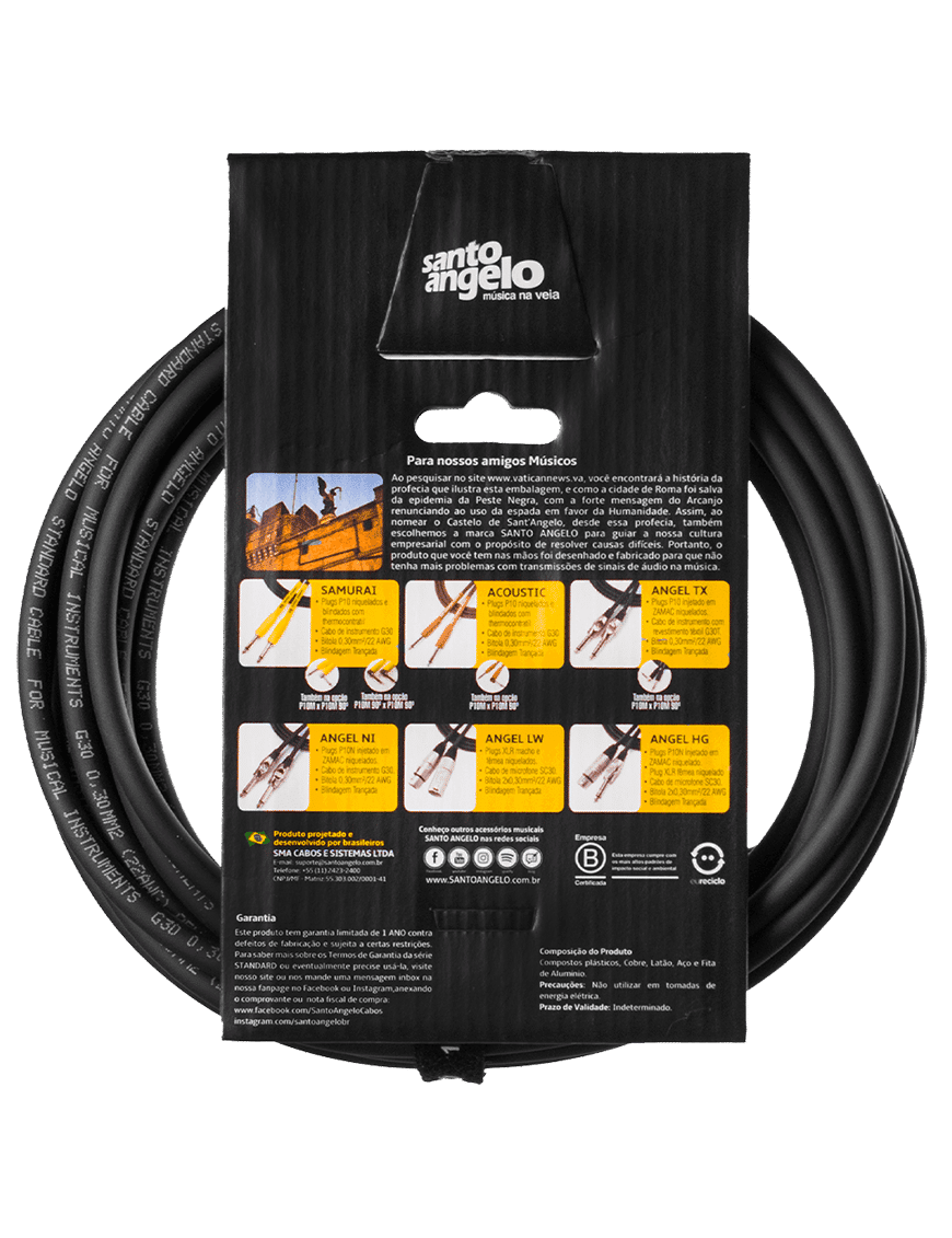 Santo Angelo® Samurai 6.10mt Cable Instrumentos Plug ¼" Recto A Plug ¼" Ofhc
