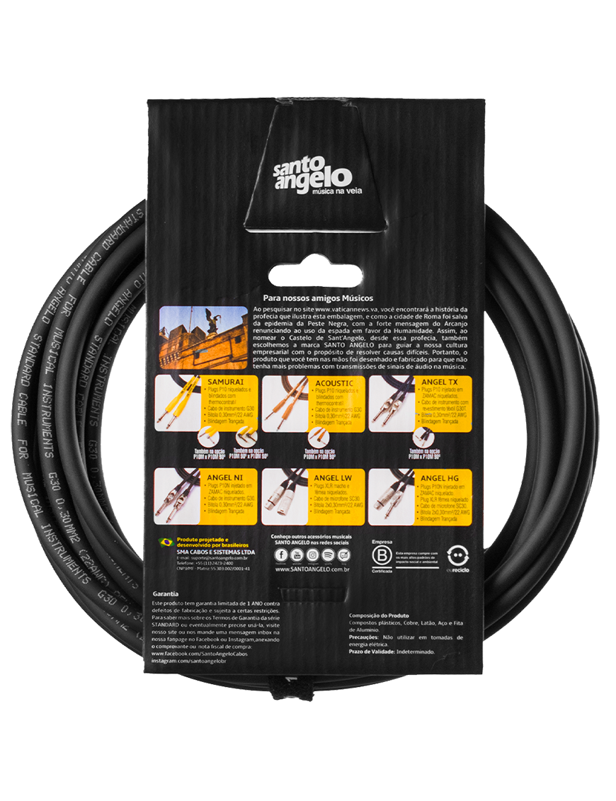 Santo Angelo® SAMURAI 7.62mt Cable Instrumentos Plug ¼" Recto a Plug ¼" Recto OFHC