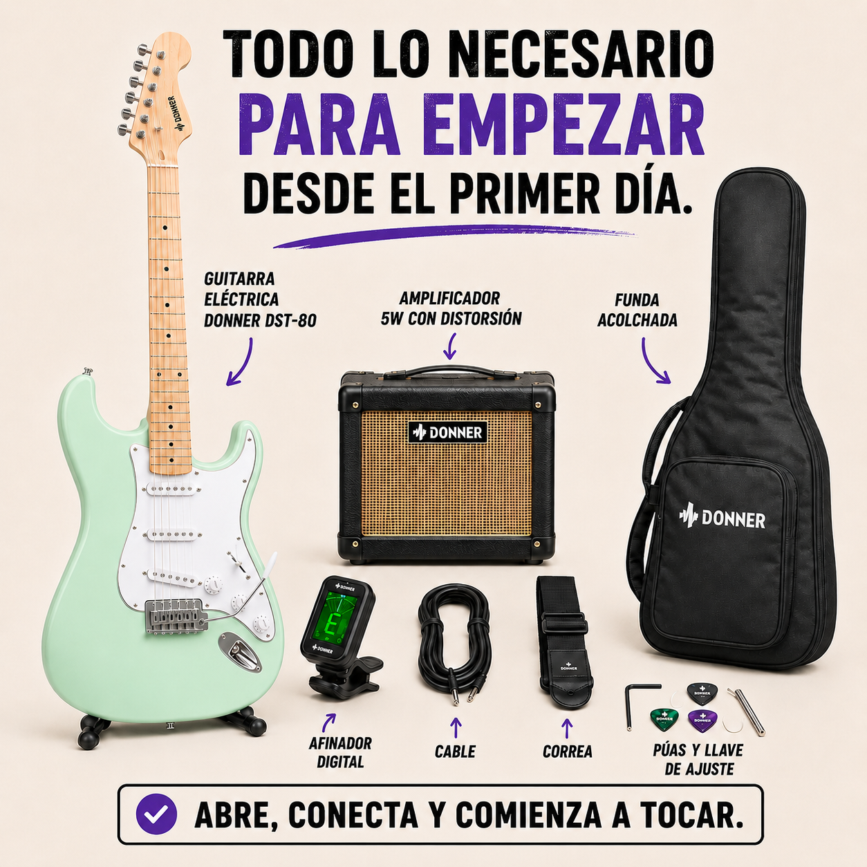 Donner DST-80 Pack Primer Acorde – Guitarra Eléctrica con Amplificador