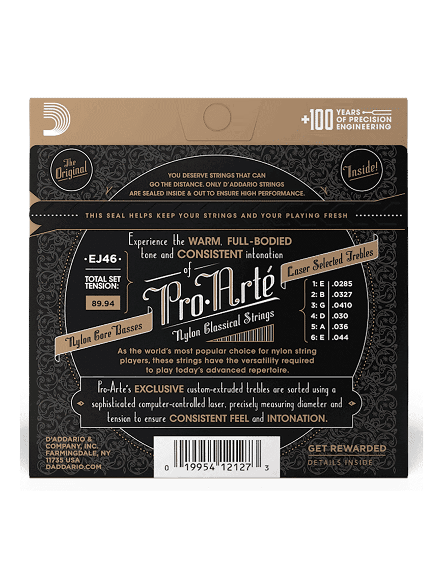 D'addario Cuerdas Guitarra Clásica Nylon 6 Cuerdas Ej46 Pro Arté Tensión Fuerte 28.5-44
