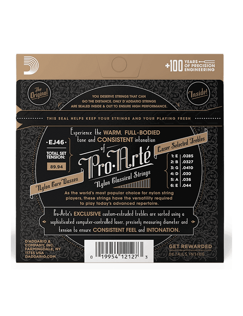 D'addario Cuerdas Guitarra Clásica Nylon 6 Cuerdas Ej46 Pro Arté Tensión Fuerte 28.5-44
