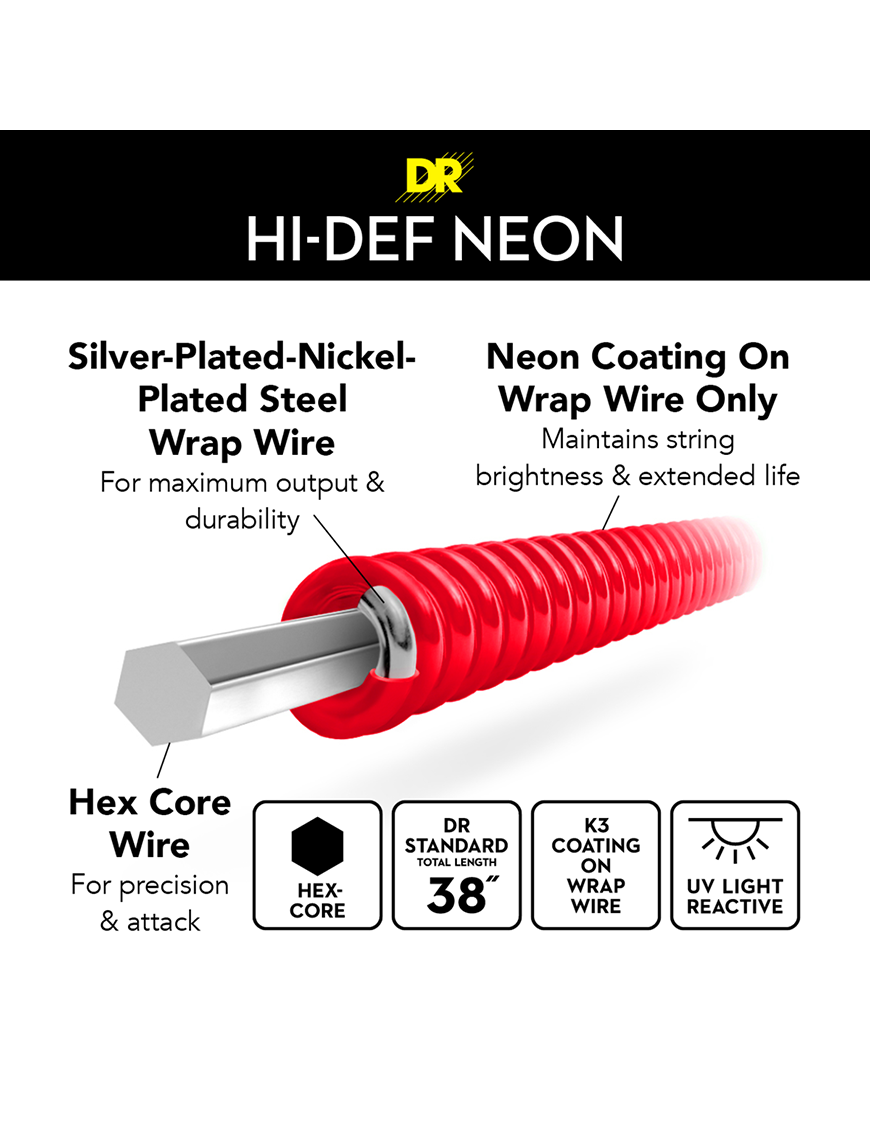 DR HI-DEF NEON™ Red 10-46 Cuerdas Guitarra Eléctrica Medium | Rojo