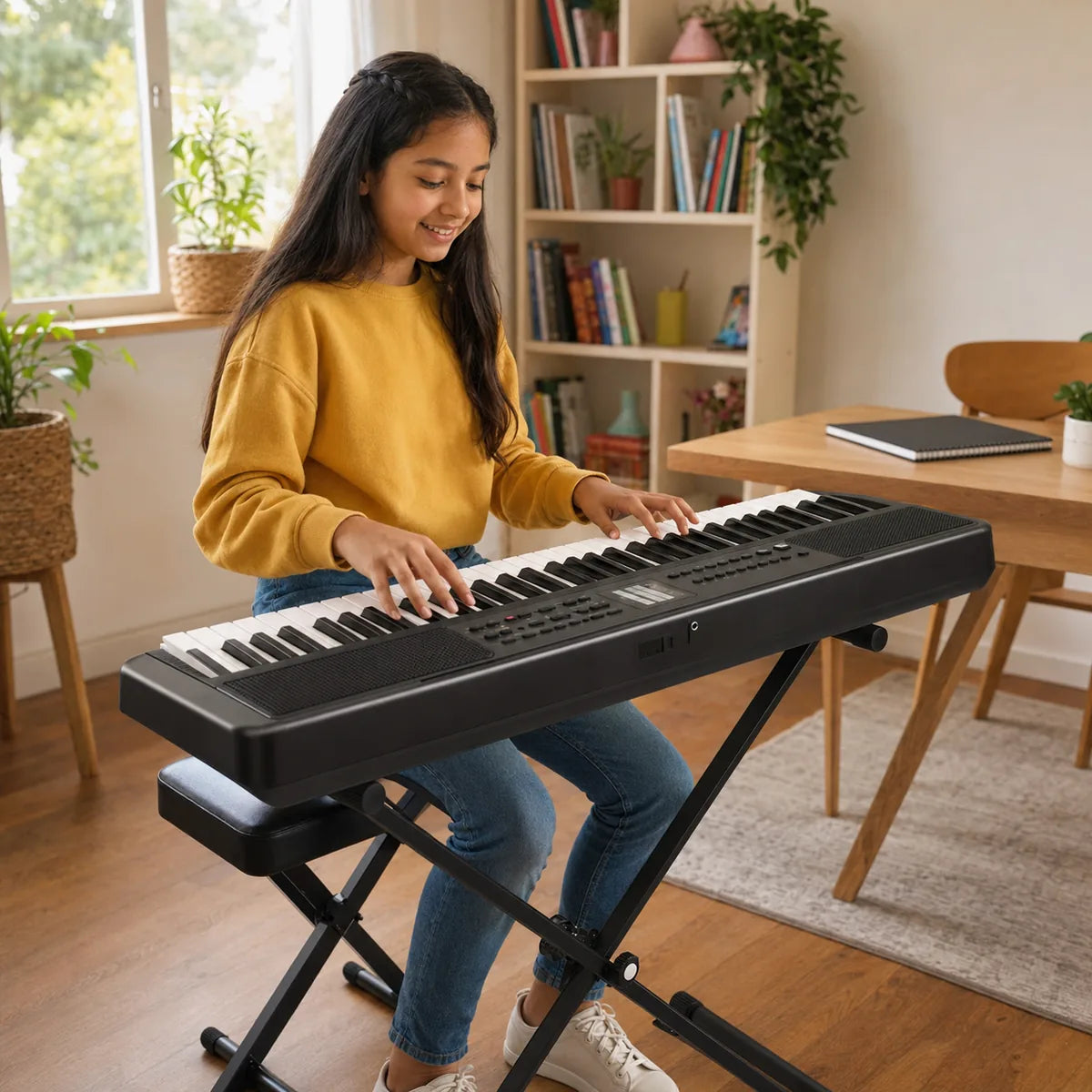 Niña comenzando a tocar un teclado electrónico en casa